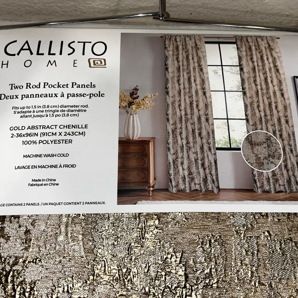 1-NWT CALLISTO HOME GOLD ABSTRACT CHENILLE CURTAINS SET OF 2  36”x 96” PANELS